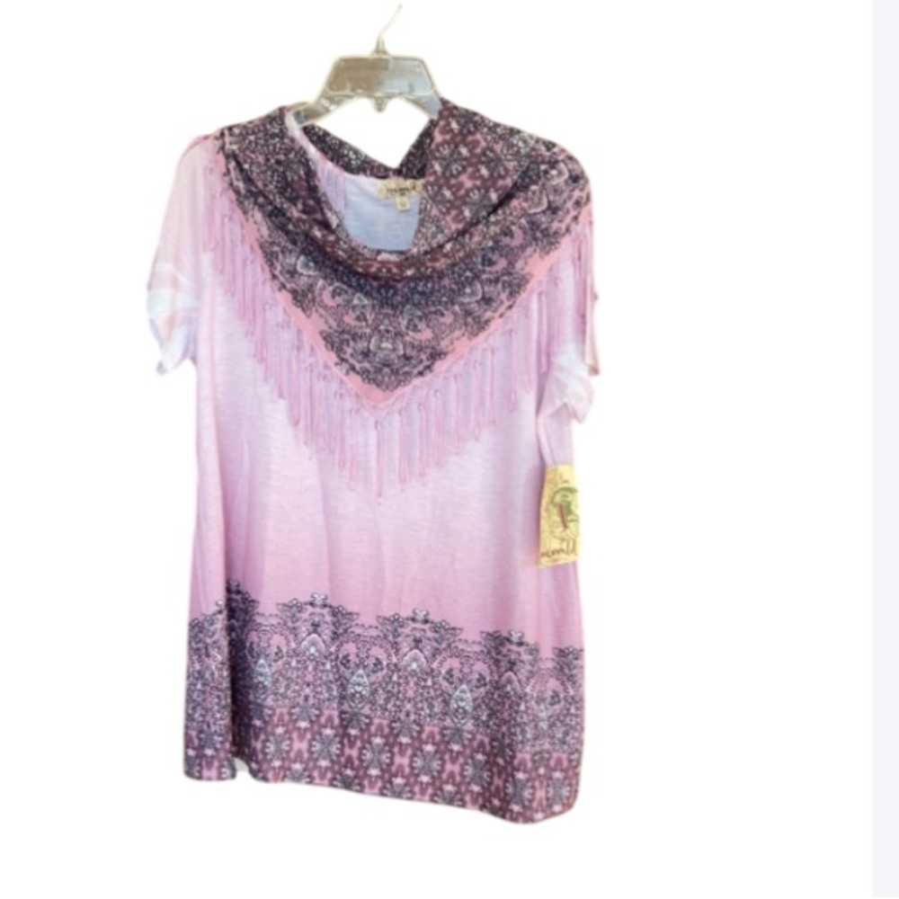 One World top mauve ombre w boho print at bottom & matching scarf L